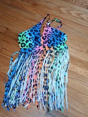 Neon Rainbow Leopard Fringe Bikini Top